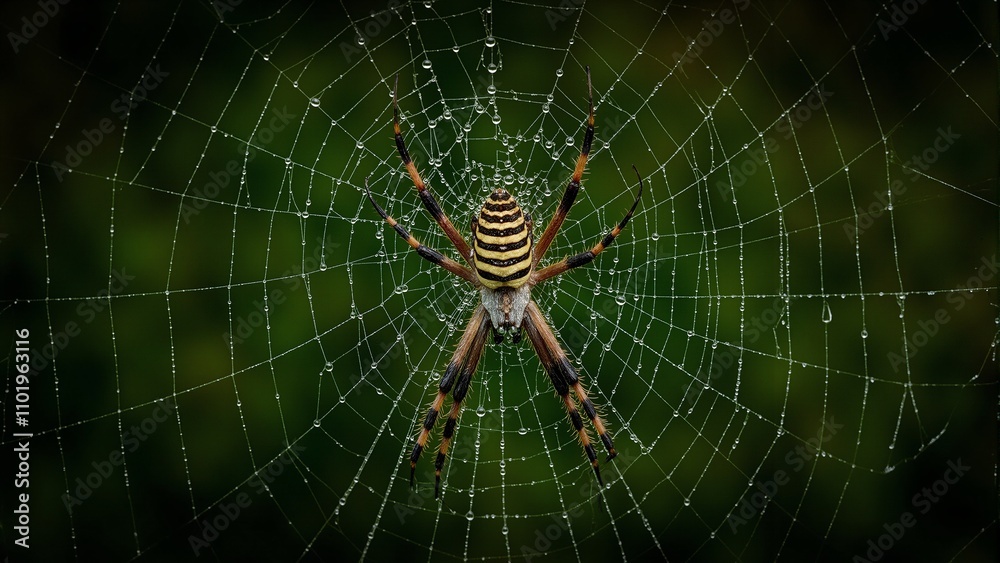 Golden orb weaver spider in intricate dew covered web glistening under light Golden orb weaver spider in intricate dew covered web glistening under light