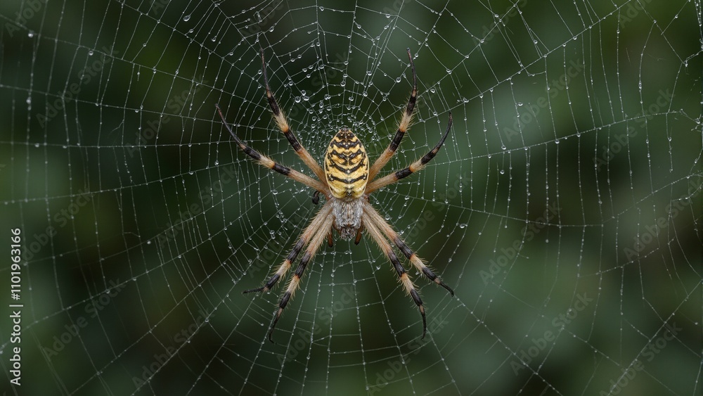 Golden orb weaver spider in intricate dew covered web glistening under light Golden orb weaver spider in intricate dew covered web glistening under light