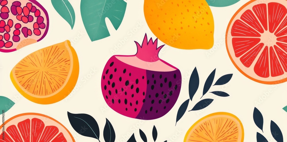 A contemporary seamless design showcasing a branch with garnet, lemon, orange, and figs, along with green leaves, fruit, and flowers. A contemporary seamless design showcasing a branch with garnet, lemon, orange, and figs, along with green leaves, fruit, and flowers.