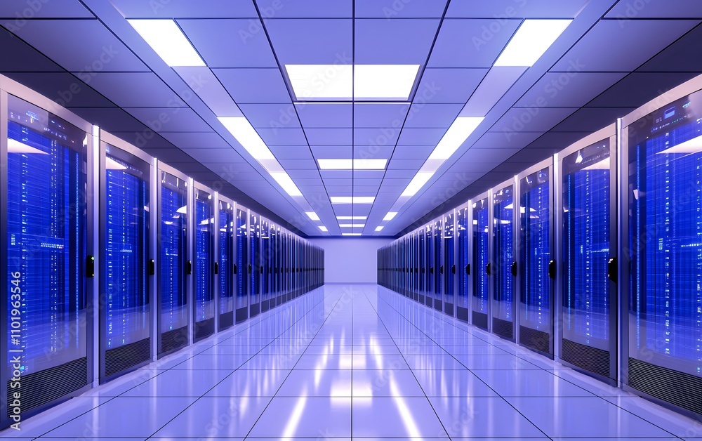 Fototapeta premium A modern data center with rows of servers and blue lighting, designed for data storage and processing.