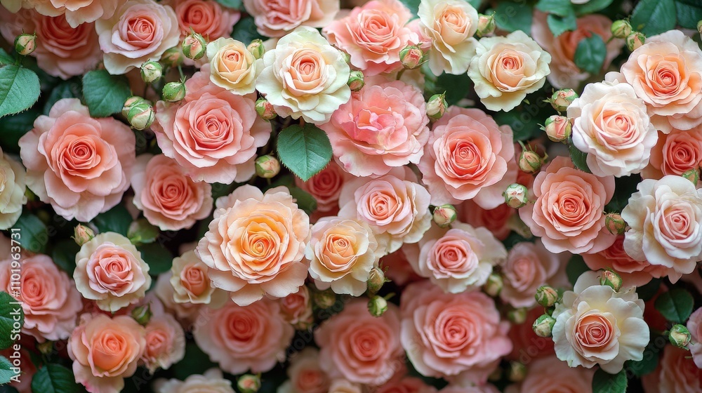 A vibrant display of peach and cream roses with lush green leaves. A vibrant display of peach and cream roses with lush green leaves.