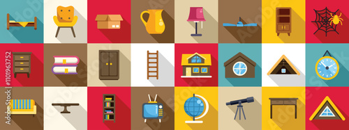 Garret icons set. Colorful icons representing various aspects of home furniture, decor, and appliances, creating a visual concept of comfortable living