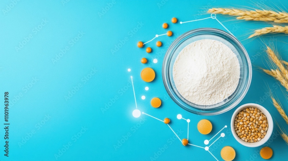 Ingredients of Baking with Flour and Seeds on Blue Surface Ingredients of Baking with Flour and Seeds on Blue Surface