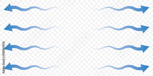 Set of blue arrow showing wind air flow isolated on white background, air direction signs. eps 10.