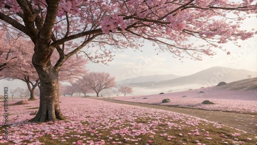 Cherry blossom dust covering the landscape, cherry blossom, , tree branches, pink petals, nature photo