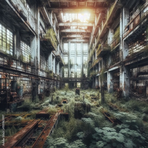 Abandoned Factory Overgrown with plants showing decay and nature