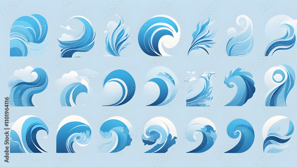 Wind Icon Set: Curved wind streaks in soft blue tones for weather-related designs Wind Icon Set: Curved wind streaks in soft blue tones for weather-related designs