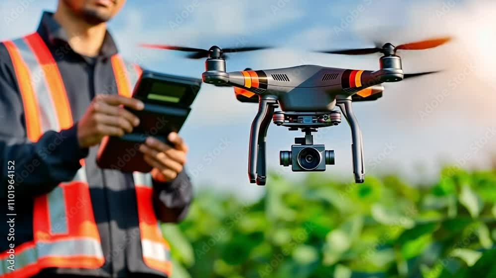 A drone equipped with a camera flying over a green field, operated by a professional. Concept of precision agriculture and technological innovation in farming. A drone equipped with a camera flying over a green field, operated by a professional. Concept of precision agriculture and technological innovation in farming.
