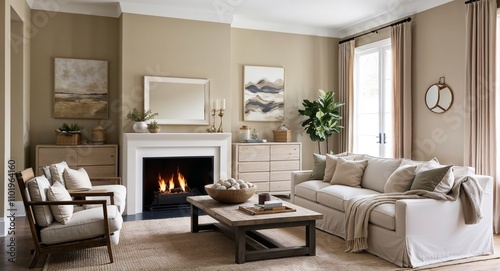A living space with soft neutral walls a cozy fireplace and casual furniture