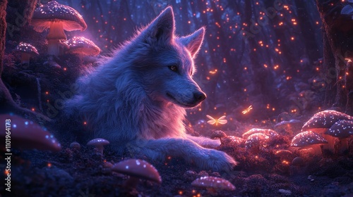 Majestic white wolf rests amidst glowing mushrooms and fireflies in an enchanted forest. photo