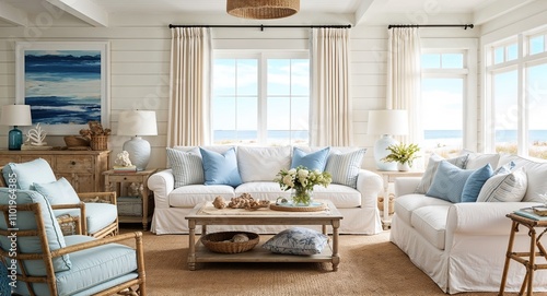 Casual coastal inspired living rooms with light airy furniture and beachy textures