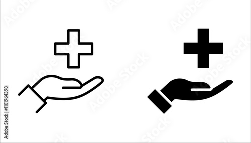 Hand and medical cross line vector icon set. Health care symbol on white background