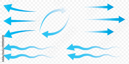 Set of blue arrow showing wind air flow isolated on white background, air direction signs. eps 10.