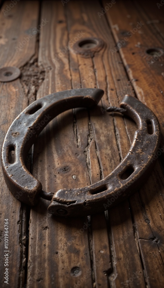 vertical, old rusty horse shoe as symbol for lucky charm on rustic wooden background vertical, old rusty horse shoe as symbol for lucky charm on rustic wooden background