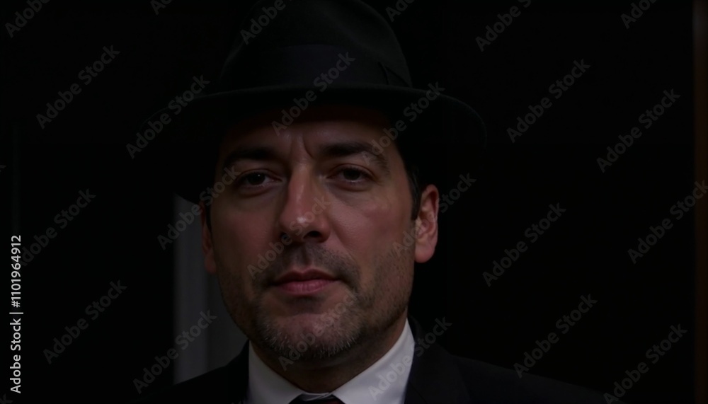 man wearing a black suit and fedora in dim lighting, exuding a mysterious and vintage vibe perfect for noir or crime settings man wearing a black suit and fedora in dim lighting, exuding a mysterious and vintage vibe perfect for noir or crime settings