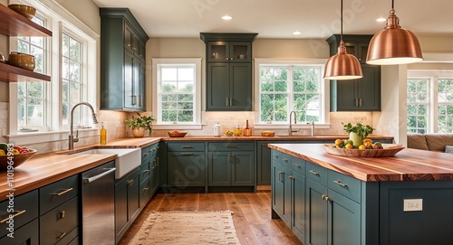 Open kitchens with wooden countertops soft pendant lighting and a relaxed welcoming feel