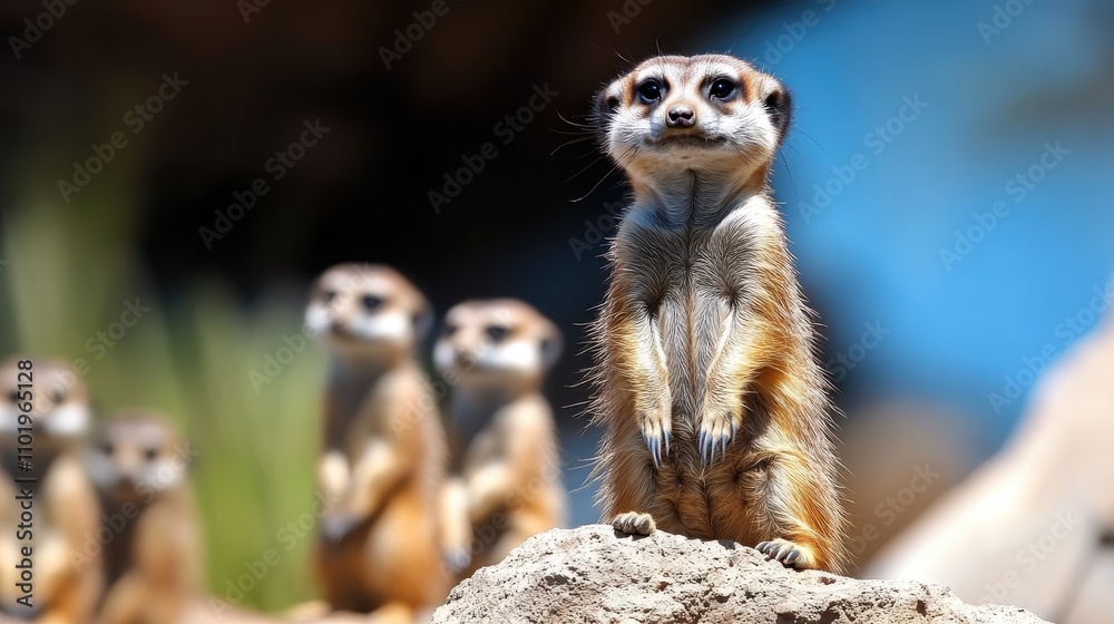 A group of meerkats stands alert on a rocky mound, attentively scanning their surroundings with a blurred natural background, representing vigilance and teamwork. A group of meerkats stands alert on a rocky mound, attentively scanning their surroundings with a blurred natural background, representing vigilance and teamwork.