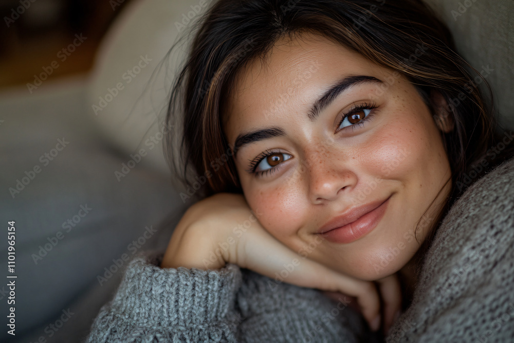 Close-up portrait of a happy, smiling woman relaxing on a couch at home. She is looking at the camera and resting her head on her hand, with her eyes open. Captured with a Sony Alpha A7 III, the image Close-up portrait of a happy, smiling woman relaxing on a couch at home. She is looking at the camera and resting her head on her hand, with her eyes open. Captured with a Sony Alpha A7 III, the image