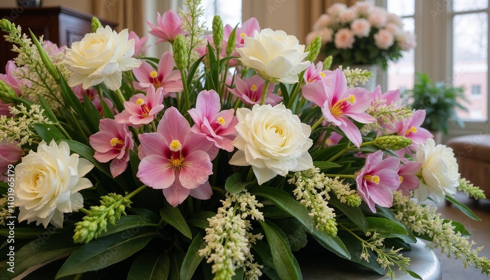 elegant floral centerpiece featuring pink orchids, white roses, and lush green foliage in a bright, refined interior setting elegant floral centerpiece featuring pink orchids, white roses, and lush green foliage in a bright, refined interior setting