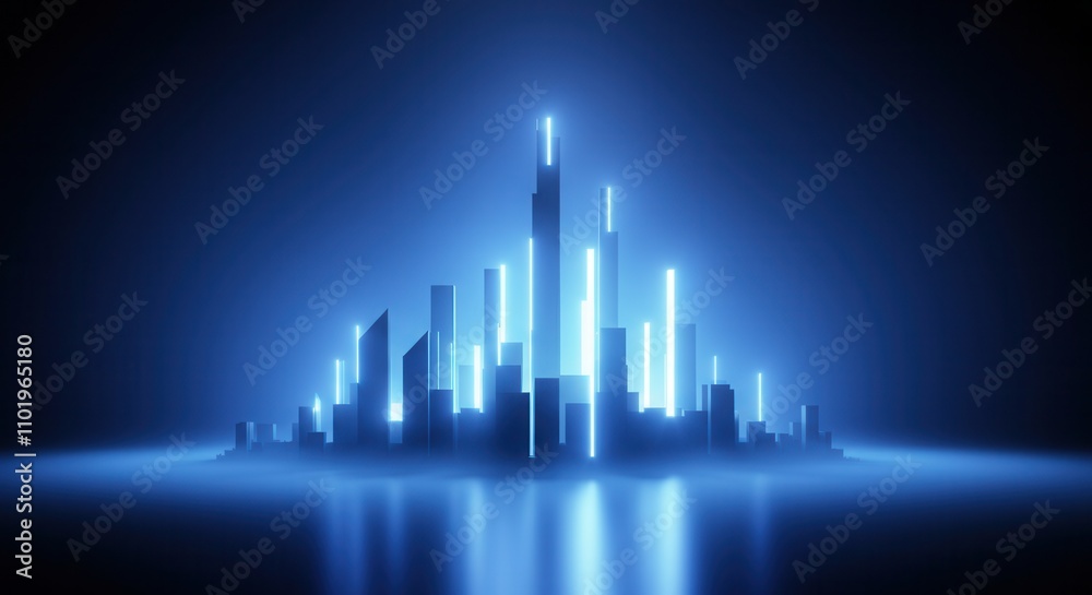 Fototapeta premium Futuristic cityscape with glowing blue skyscrapers at night