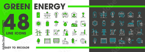 Clean green energy line icons. Environment green technology, vector symbols. Renewable energy sources and eco-friendly technologies. Solar panels, wind turbines, hydroelectric power, electric vehicles