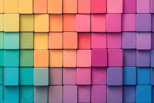 Colorful arrangement of 3D cubes in a gradient pattern, perfect for design backgrounds.