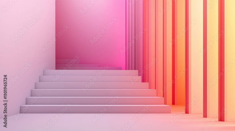 A staircase is shown in a room with pink walls A staircase is shown in a room with pink walls