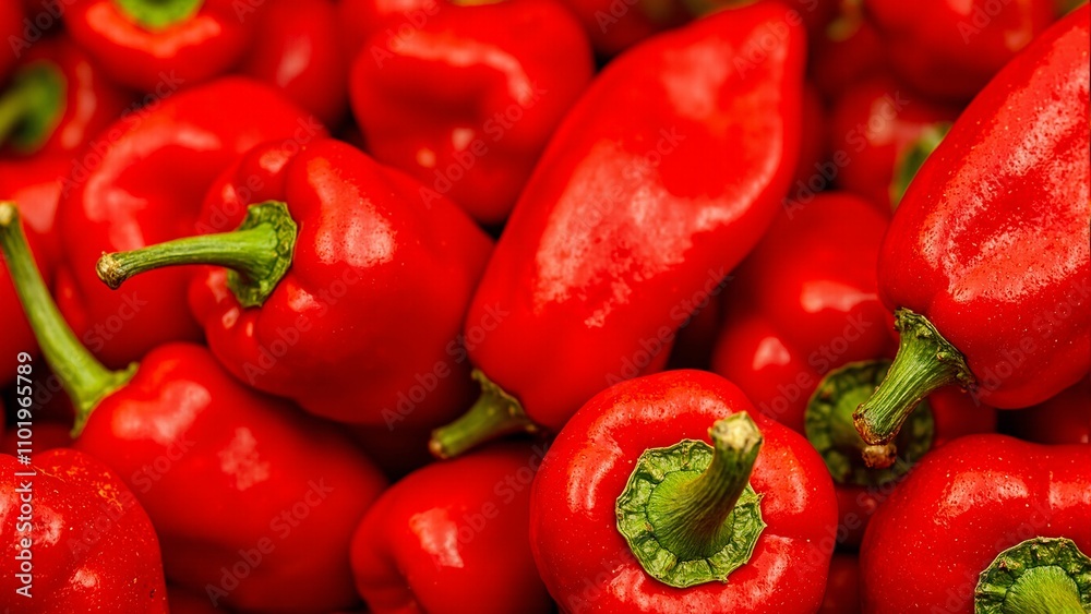 Vibrant red chili peppers with glossy skin and green stems Vibrant red chili peppers with glossy skin and green stems