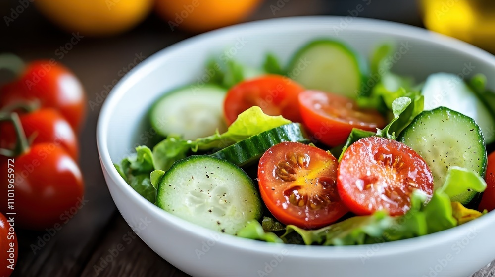 A simple and classic salad in a white bowl, featuring slices of fresh cucumber and tomatoes on a bed of green lettuce. Perfect for a nutritious and satisfying meal. A simple and classic salad in a white bowl, featuring slices of fresh cucumber and tomatoes on a bed of green lettuce. Perfect for a nutritious and satisfying meal.