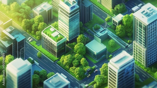 Net zero climate transition. A vibrant urban landscape featuring modern buildings, lush greenery, and a serene atmosphere, reflecting harmony between nature and architecture.