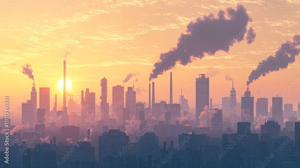 Net zero climate transition. A city skyline at sunset, dominated by industrial structures emitting smoke, highlighting issues of pollution and urbanization. Net zero climate transition. A city skyline at sunset, dominated by industrial structures emitting smoke, highlighting issues of pollution and urbanization.