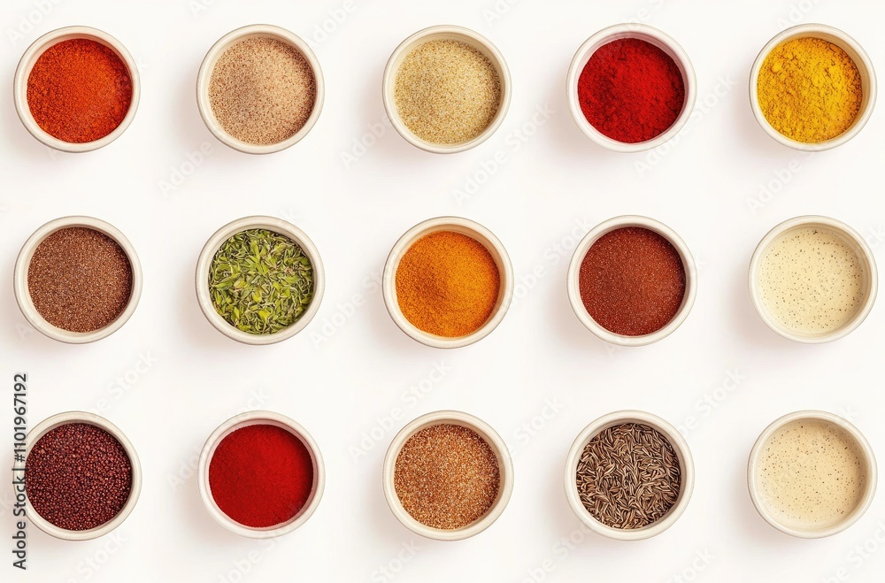 A colorful array of spices and herbs arranged in small bowls on white background, top view. A colorful array of spices and herbs arranged in small bowls on white background, top view.