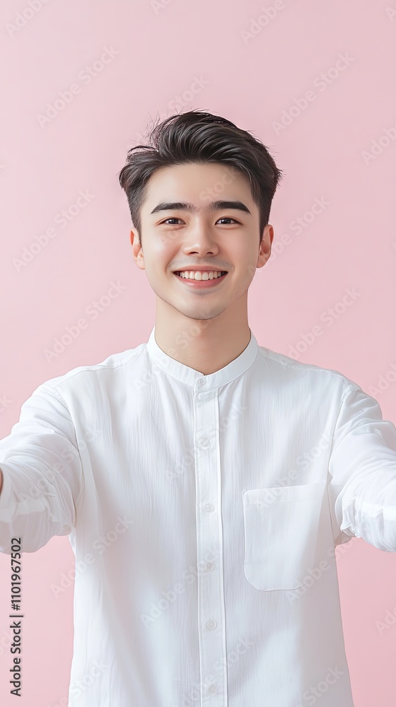 Smiling Man in White Shirt Against Pink Background Smiling Man in White Shirt Against Pink Background