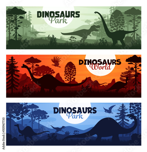 Prehistoric dinosaurs silhouettes on horizontal banners of Jurassic era, vector backgrounds. Dino world or dinosaurs adventure park or museum banners with T-rex and prehistoric giants at sunset