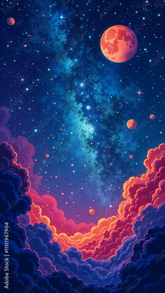 Fototapeta premium abstract landscape, space, dreams, dreams, future, fantasy, life in space, science fiction, sky, waves and clouds, planets and galaxies, stars, nebula, black hole, planet cluster, poster, postcard