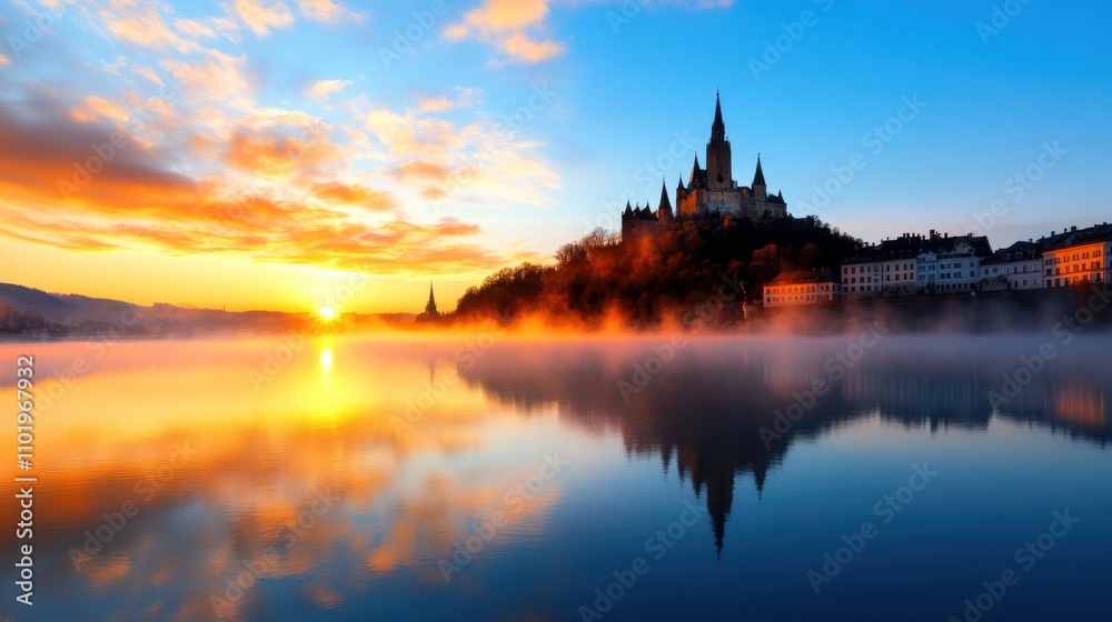 A stunning sunrise casts vibrant hues over a grand castle, mirrored perfectly on the calm lake surface, creating a peaceful and enchanting scene full of wonder. A stunning sunrise casts vibrant hues over a grand castle, mirrored perfectly on the calm lake surface, creating a peaceful and enchanting scene full of wonder.