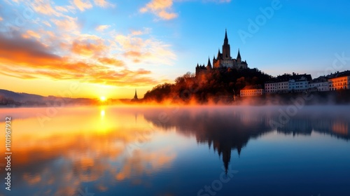 A stunning sunrise casts vibrant hues over a grand castle, mirrored perfectly on the calm lake surface, creating a peaceful and enchanting scene full of wonder.