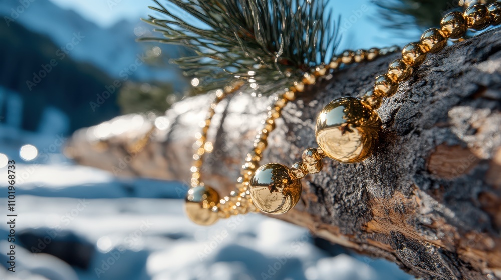 Golden baubles and beaded garland adorn a snow-covered tree branch in a winter landscape, reflecting the sunlight and evoking a serene holiday feeling. Golden baubles and beaded garland adorn a snow-covered tree branch in a winter landscape, reflecting the sunlight and evoking a serene holiday feeling.