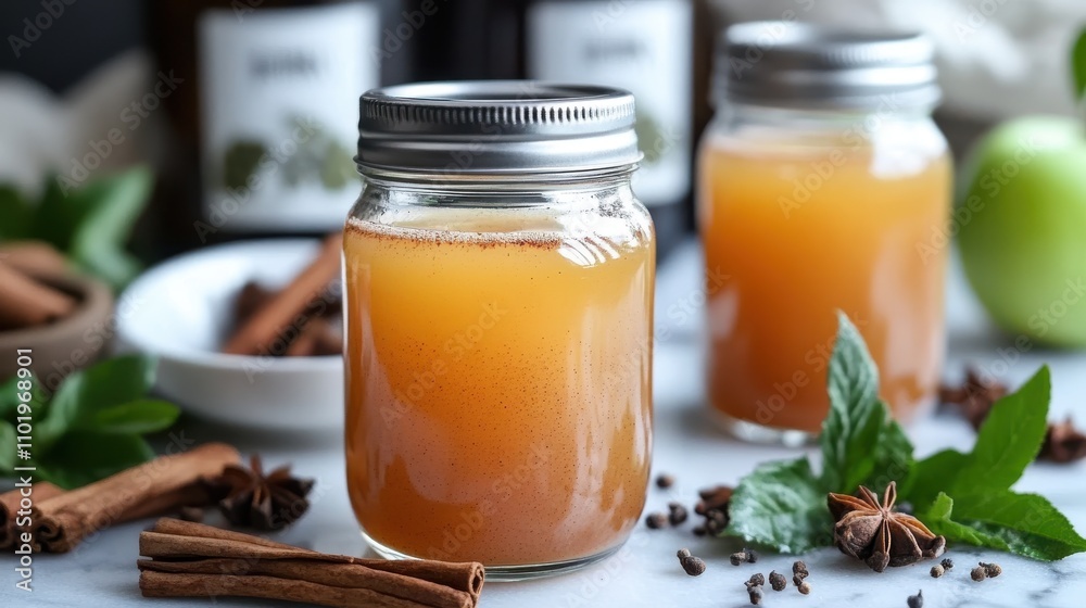 Two preserving jars filled with spiced apple cider, delicately arranged with cinnamon sticks and star anise, reflecting a rustic and artisanal aesthetic. Two preserving jars filled with spiced apple cider, delicately arranged with cinnamon sticks and star anise, reflecting a rustic and artisanal aesthetic.