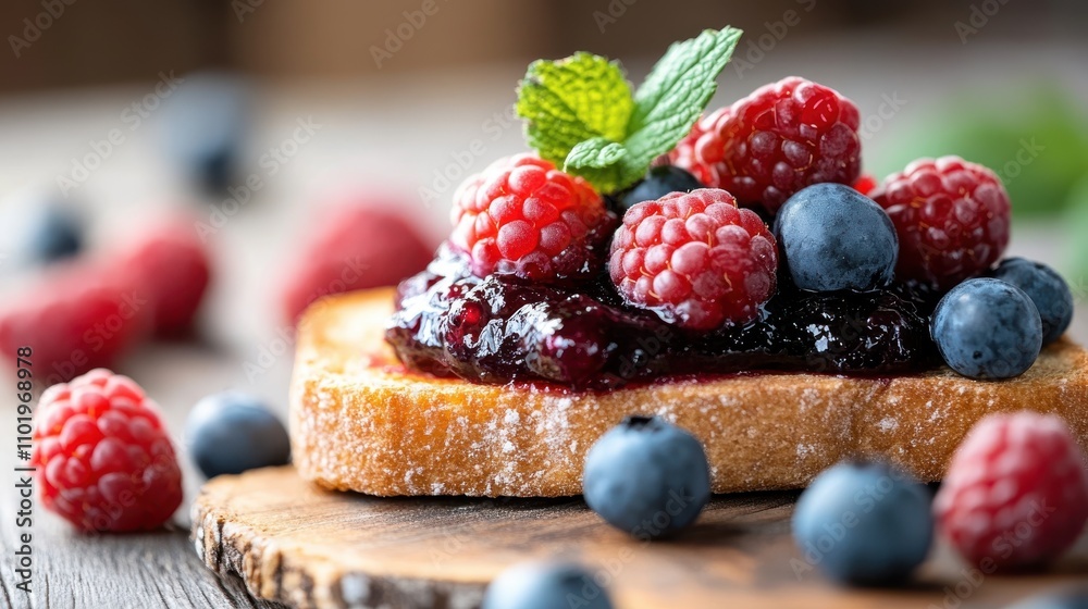 A slice of toast is adorned with fresh blueberries, raspberries, and mint leaves, offering a colorful and delicious breakfast option with fresh jam underneath. A slice of toast is adorned with fresh blueberries, raspberries, and mint leaves, offering a colorful and delicious breakfast option with fresh jam underneath.