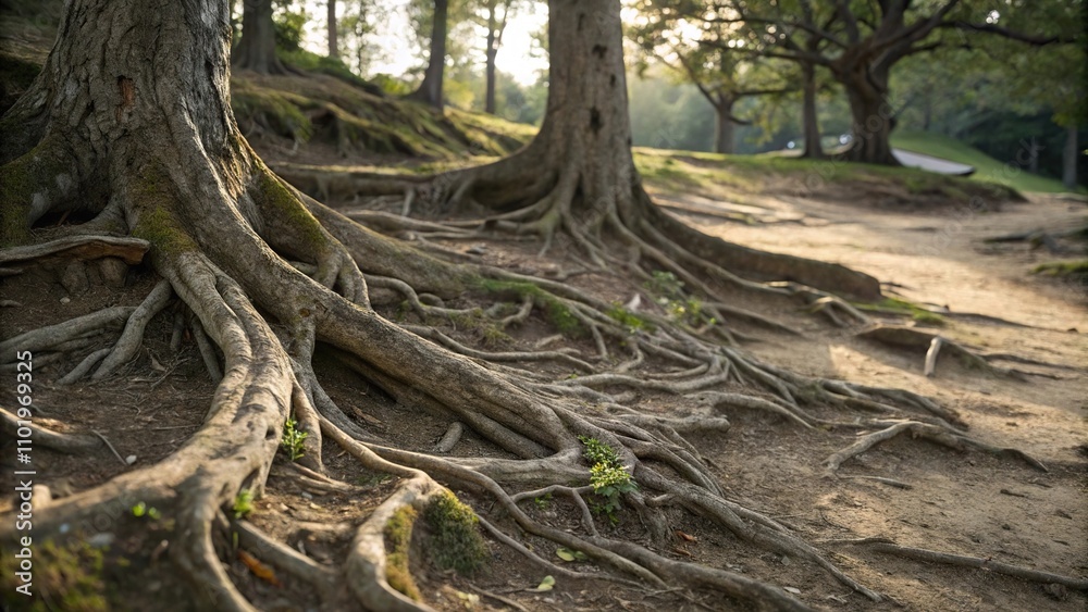 Close-up of twisted tree roots in the ground, ancient tree, forest floor, tree roots, natural formations Close-up of twisted tree roots in the ground, ancient tree, forest floor, tree roots, natural formations
