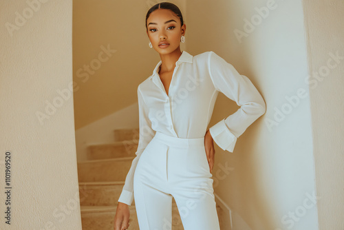 Full-body photograph of an elegant Hispanic woman, wearing white high-waisted pants and a long-sleeved shirt with buttons in the front, posing on a beige background and leaning against a modern, minim photo