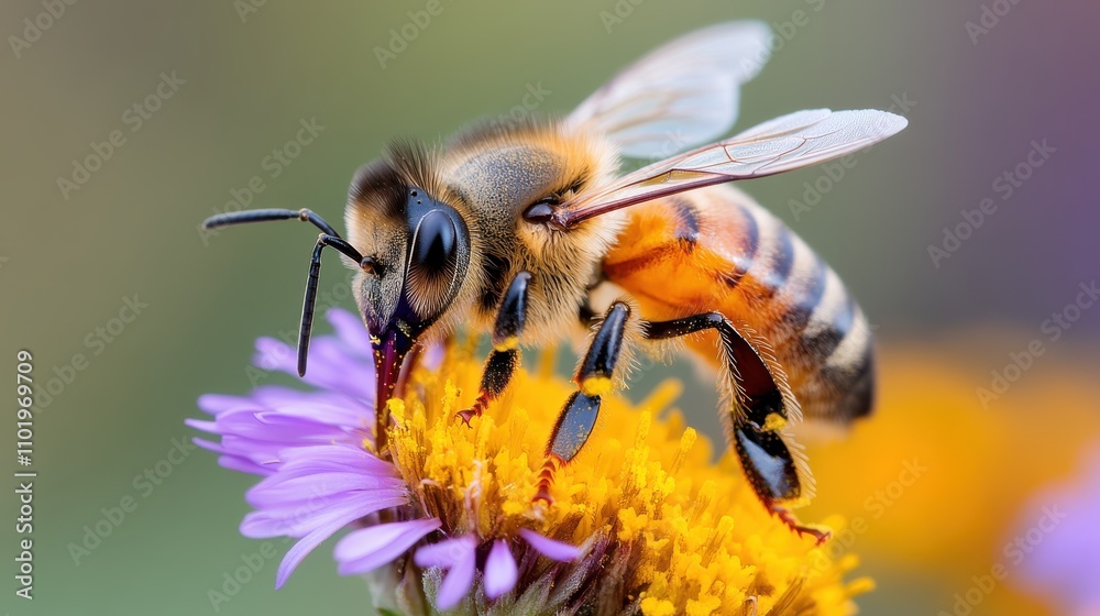 A detailed close-up of a bee extracting nectar from a vibrant purple flower, showcasing the intricate features of the insect and the flower's dynamic colors. A detailed close-up of a bee extracting nectar from a vibrant purple flower, showcasing the intricate features of the insect and the flower's dynamic colors.