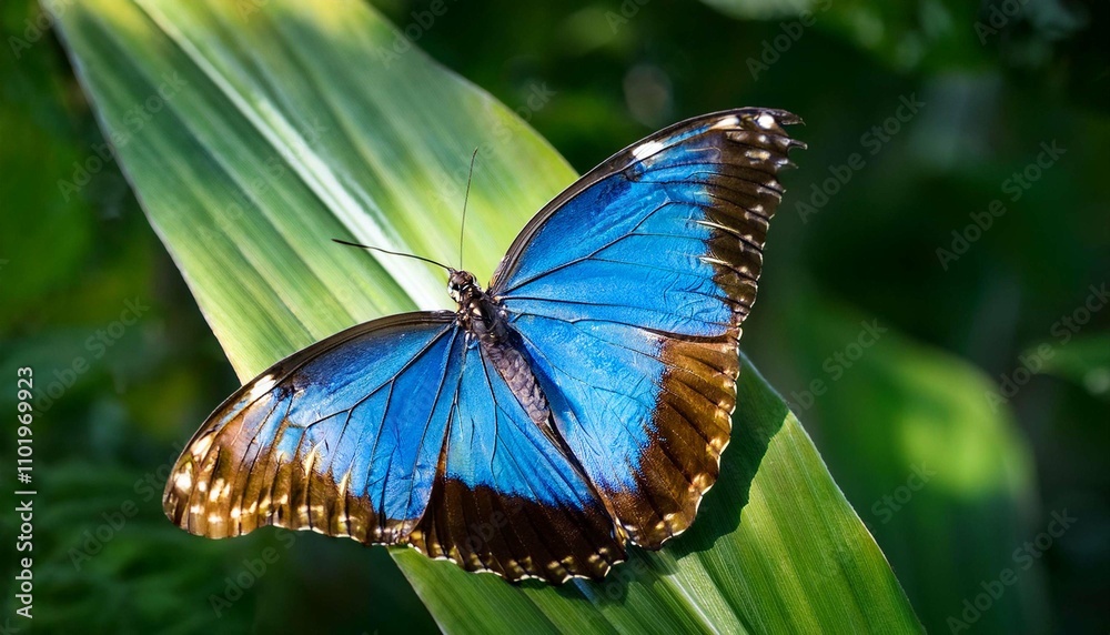 Fototapeta premium A close-up of a vibrant blue butterfly resting on a green leaf