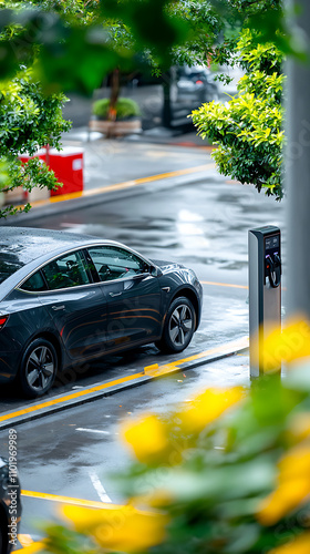 Electric vehicle charging station in city parking lot urban landscape contemporary viewpoint sustainable transportation