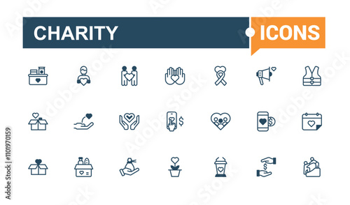 Charity thin line icon set. Contains such icons as volunteer, unity, social, friend, blood donation, fund, assistance and more. Editable vector icon and illustration.