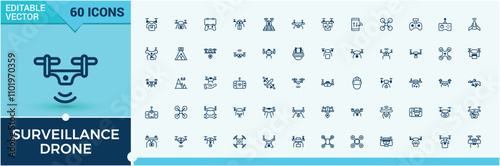 Surveillance Drones line web icon set. Includes thin flight, drones, helicopter, aviation, quad copter and more. Outline icons pack. Solid line editable vector illustration.