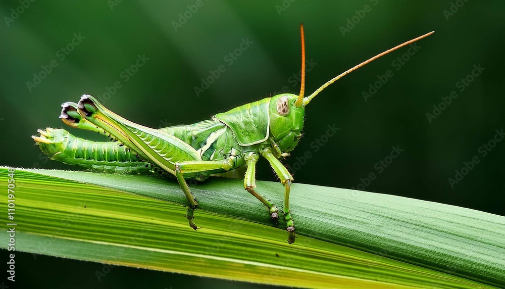 A close-up of a bright green grasshopper perched on a blade of grass A close-up of a bright green grasshopper perched on a blade of grass