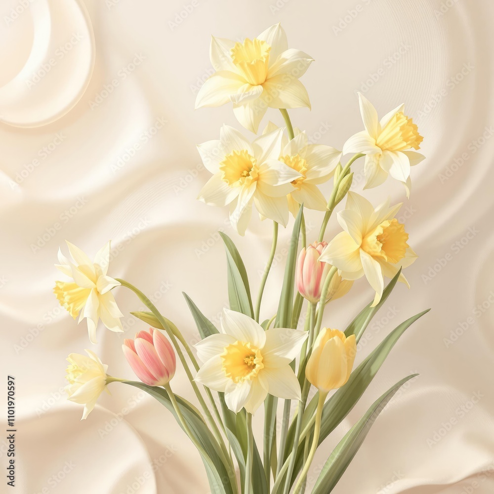 Fototapeta premium A delicate combination of daffodils and tulips on an elegant spring abstract floral background with gentle curves and lines, floral, spring, colorful, daffodils