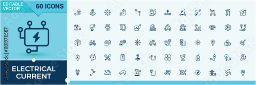 Set of Electrical Current line icons. Includes thin line vehicle, light, sun, electromagnet, ui, energy, bike, voltage. Simple line vector. Vector outline and solid icons collection.